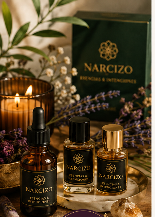 Colección NARCIZO Esencias e Intenciones con frascos, flores y una ambientación cálida